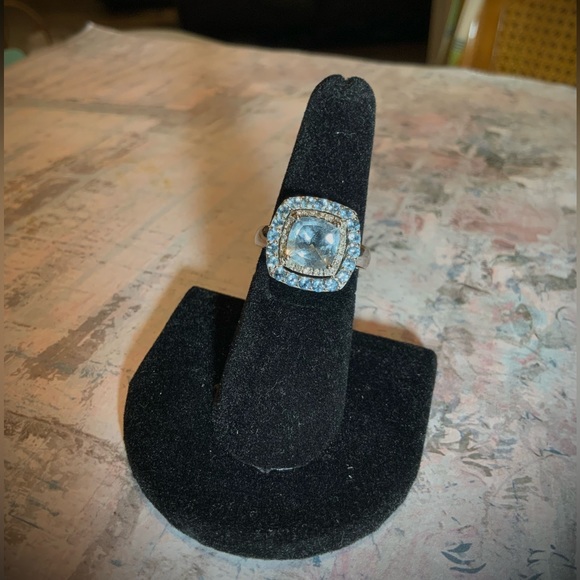 Stunning 10K Cushion-Cut Swiss Blue Topaz & Diamond Ring - Double Halo - Sz 6.75 - Picture 16 of 16